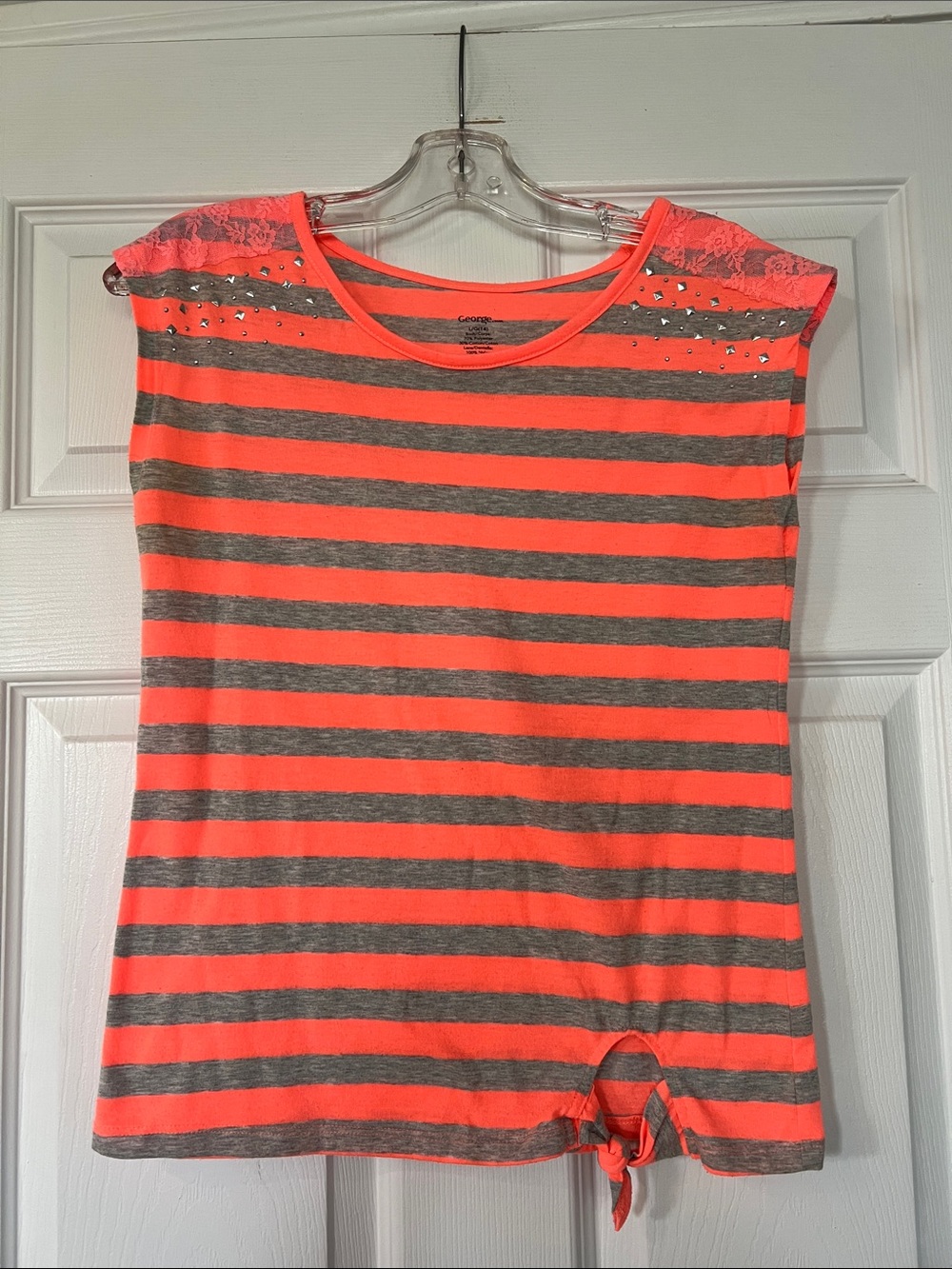 🌷6/$20🌷 Neon Coral & Heather Gray Striped Lace Shoulder Tee
